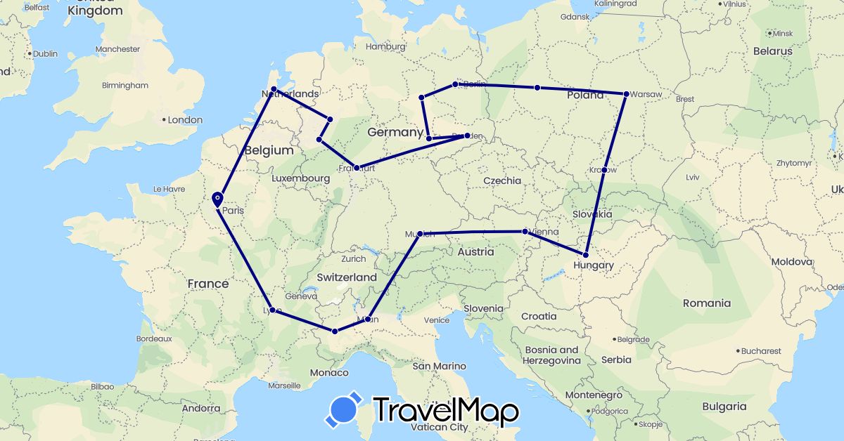 TravelMap itinerary: driving in Austria, Germany, France, Hungary, Italy, Netherlands, Poland (Europe)